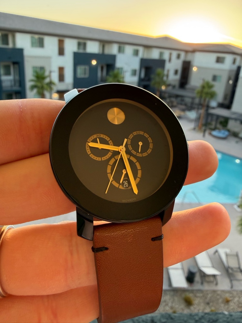 Movado Black Dial with Brown Leather Strap Chronograph Watch